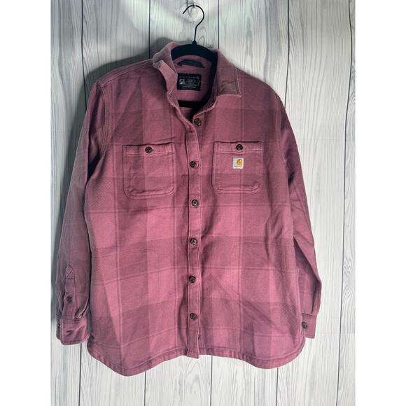Carhartt Women Size M Loose Fit Twill Shirt Chore Jacket Shacket Pockets Pink - Picture 2 of 8